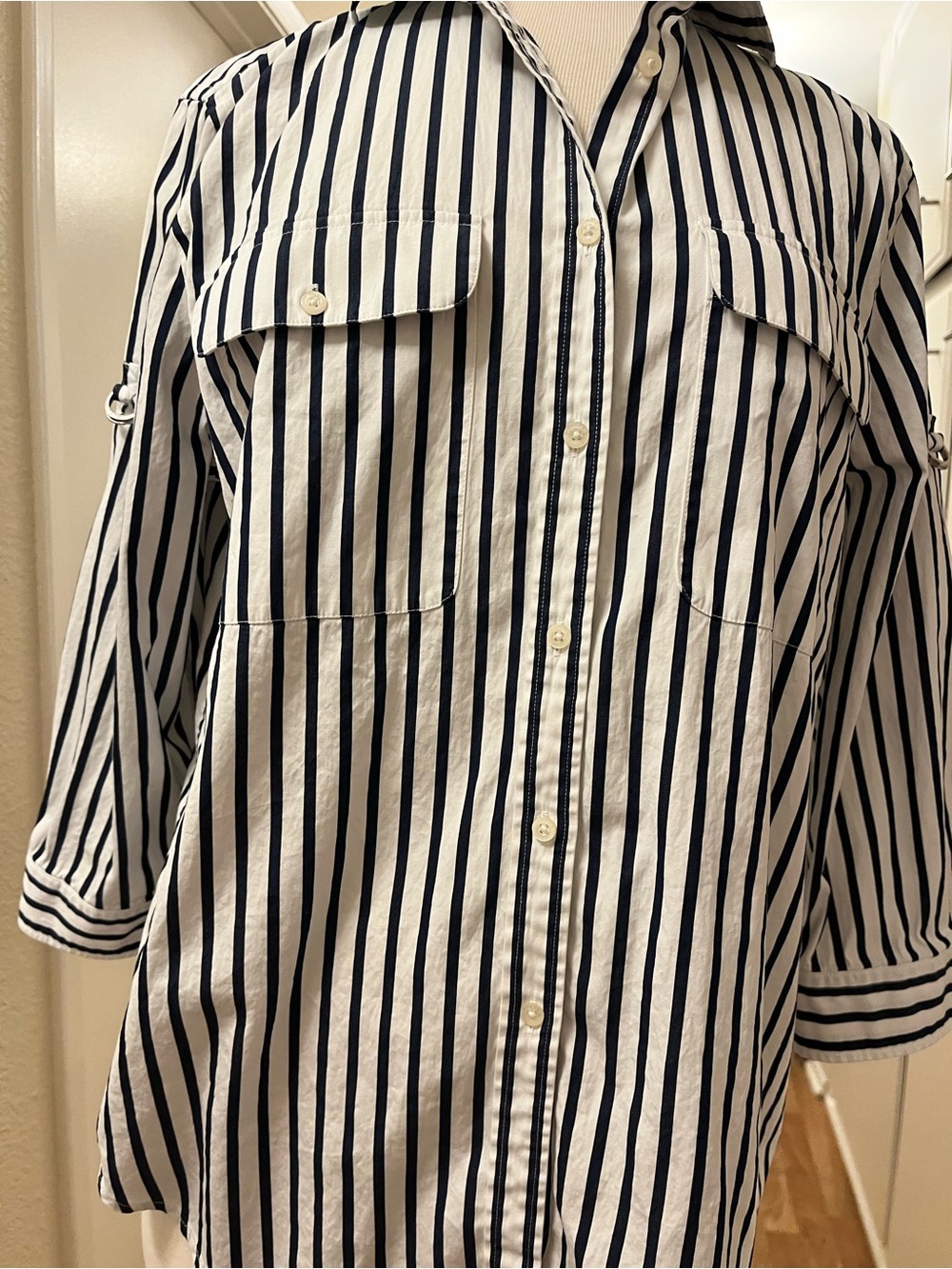 Lauren Ralph Lauren Button-Down Shirt White and Navy Stripes - Size XL